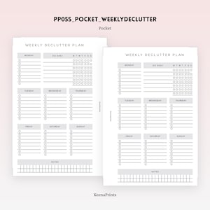 May include: Two white pocket-sized weekly declutter plan sheets. Each sheet has sections for Monday through Sunday, with spaces for daily tasks and notes. The text "WEEKLY DECLUTTER PLAN" is at the top. The brand name "KeenaPrints" is at the bottom.