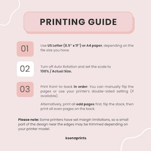 Op de afbeelding: Een lichtroze printgids met donkere tekst. Het instrueert om US Letter 8,5" x 11" of A4-papier te gebruiken, automatische rotatie uit te schakelen, de schaal op 100% in te stellen en dubbelzijdig te printen. Onderaan staat de tekst keenaprints.