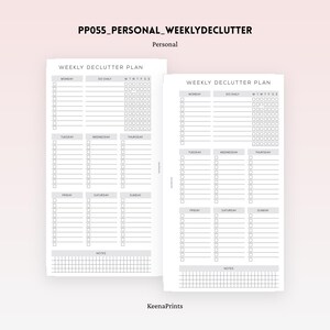May include: Two white weekly declutter plan sheets with black text and grid lines. Each sheet features sections for Monday through Sunday, a daily task list with checkboxes, and a bottom notes section with a grid. The text reads PP055_PERSONAL_WEEKLYDECLUTTER.