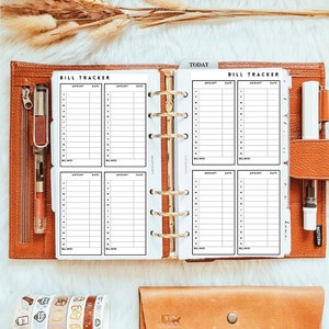 May include: A white printable bill tracker insert for a personal planner. The insert has six columns labelled "Amount", "Date", "Amount", "Date", "Amount", and "Date". The insert is designed to help users track their bills and expenses.