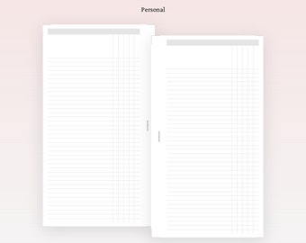 May include: Two white planner inserts labeled PP097 PERSONAL CATEGORY LIST and Personal. Each page features a gray header bar, horizontal lines for writing, and a vertical grid section on the right side. The brand name KeenaPrints is at the bottom.