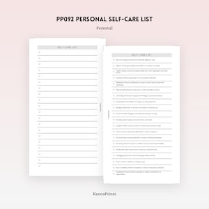 May include: A printable self-care list in checklist format. The list includes items such as exercise, healthy eating, meditation, journaling, and spending time in nature. The list is titled "PP092 Personal Self-Care List".