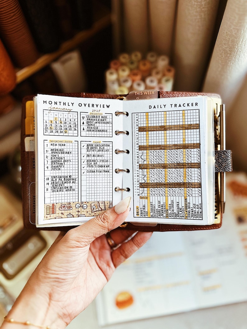 Op de afbeelding: Een bruine lederen ringbandplanner open op een maandoverzicht en dagelijkse trackerpagina. Het witte papier bevat zwarte rasterlijnen, handgeschreven tekst en gele markeerstiftaccenten. Een zilveren pen is aan de zijkant van de kaft bevestigd.