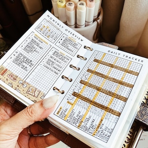 Op de afbeelding: Een ringbandplanner-inzetstuk met een maandoverzicht en dagelijkse tracker. De pagina bevat een kalenderraster, een lijst met belangrijke data, taken en een dagelijkse gewoonte-tracker met handgeschreven notities en bruine markeerstiftaccenten.