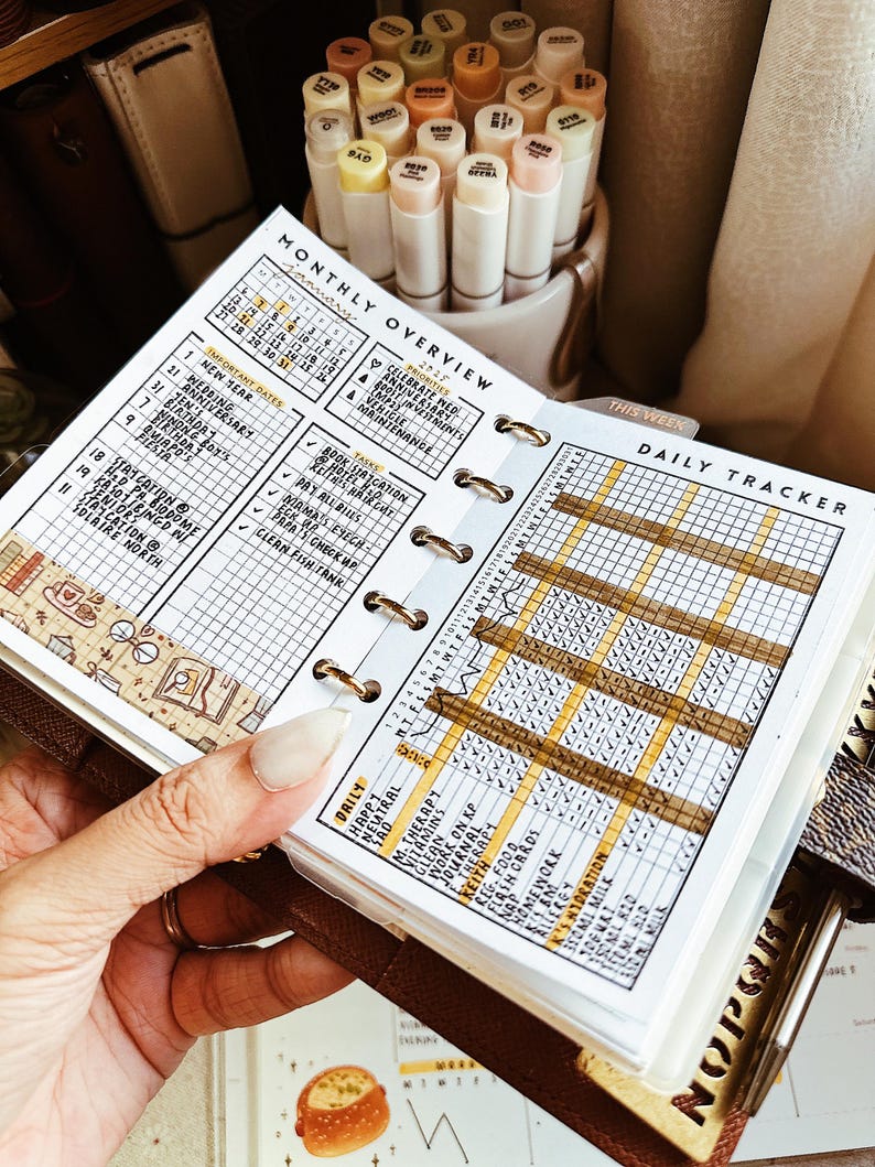 Op de afbeelding: Een ringbandplanner-inzetstuk met een maandoverzicht en dagelijkse tracker. De pagina bevat een kalenderraster, een lijst met belangrijke data, taken en een dagelijkse gewoonte-tracker met handgeschreven notities en bruine markeerstiftaccenten.