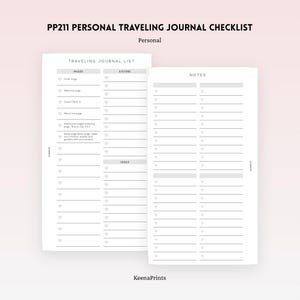 May include: A white personal traveling journal checklist with black text and heart icons. The document features sections for pages, sisters, ideas, and notes, with the title PP211 PERSONAL TRAVELING JOURNAL CHECKLIST and KeenaPrints at the bottom.