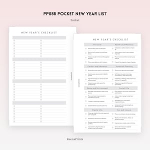 May include: Two white pages of a pocket-sized New Year's checklist planner. The left page is blank with lined sections, while the right page features pre-printed categories like Personal, Health, Career, and Financial Planning with checkboxes.