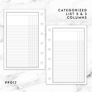May include: Two white planner inserts with black grid lines and text reading CATEGORIZED LIST 5 & 3 COLUMNS and PP017. Each page features a header section, horizontal lines, and vertical columns for organization, with six circular punch holes along the side.