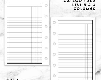 May include: Two white planner inserts with black grid lines and text reading CATEGORIZED LIST 5 & 3 COLUMNS and PP017. Each page features a header section, horizontal lines, and vertical columns for organization, with six circular punch holes along the side.
