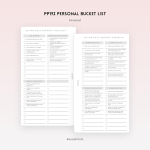 May include: A two-page planner labelled "PP192 PERSONAL BUCKET LIST" with "Autism Daily Support Checklist" sections. The left page features task and communication support lists. The right page has morning, daytime, sensory regulation, and evening routine checklists. The KeenaPrints logo is at the bottom.