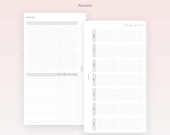 Puede incluir: Dos páginas de planificador blancas con un patrón de cuadrícula. La página superior tiene el texto "PP190 PERSONAL HORIZONTAL GRID WEEKLY" y "Personal". La página izquierda está etiquetada como "WEEK//" y tiene una sección para notas. La página derecha está etiquetada con los días de la semana.