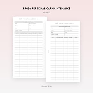 May include: Two car maintenance log sheets with the text "PP054 PERSONAL CARMAINTENANCE" and "Personal" at the top. Each sheet has sections for vehicle information and a table to record maintenance details. The KeenaPrints logo is at the bottom.