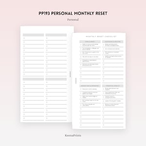 May include: A white planner page with the text "PP193 PERSONAL MONTHLY RESET" and "Personal." The page includes a checklist with sections for Mind & Body, Calendar & Routine, Budgeting & Spending, and Financial Health. The KeenaPrints logo is at the bottom.