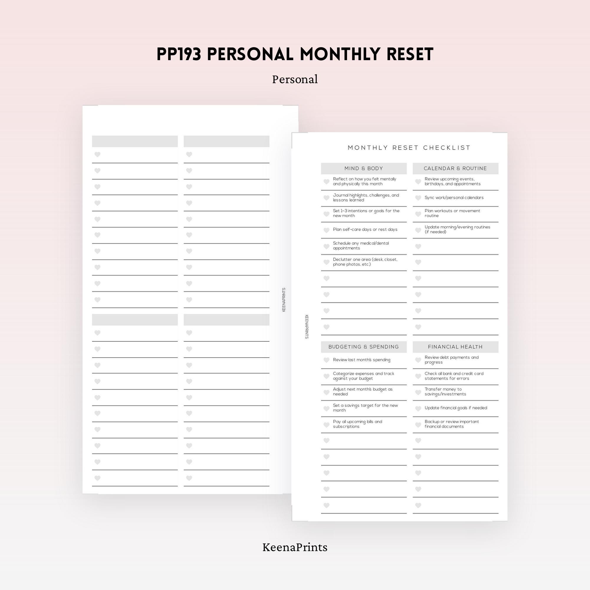 PP193 | Monthly Reset checklist for Personal Rings Printable Planner