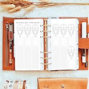 May include: A white planner with a migraine tracker on the left page and a "TODAY" section on the right page. The tracker has a grid for each day of the week and a space for drawing a face to indicate the severity of the migraine. The "TODAY" section has a similar grid and face drawing space.