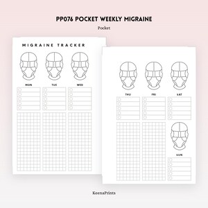 May include: A white paper migraine tracker insert with black text and line art. The layout features head diagrams for pain mapping, daily checklists for Monday through Sunday, and grid sections for notes. Text includes PP076 POCKET WEEKLY MIGRAINE.