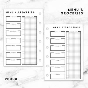 May include: Two white planner inserts with a menu and grocery list layout. Each page has sections for each day of the week and a grocery list grid. The text "MENU / GROCERIES" and "PP008" are visible.