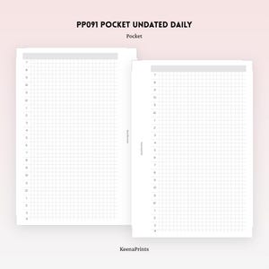 Pode incluir: Dois insertos de planejador diário sem data em branco rotulados como PP091 POCKET UNDATED DAILY. Cada página apresenta uma barra de cabeçalho cinza, uma coluna vertical de números de 7 a 12 e de 1 a 4, e um padrão de grade. O texto KeenaPrints é visível.