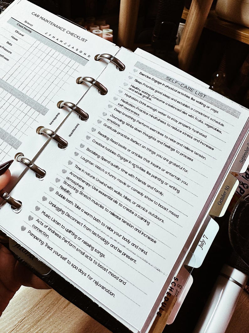 May include: Open planner with a car maintenance checklist and a self-care list. The car checklist includes service items like oil level and hoses. The self-care list features activities like exercise, healthy eating, and journaling. The planner has metal rings and labeled tabs.