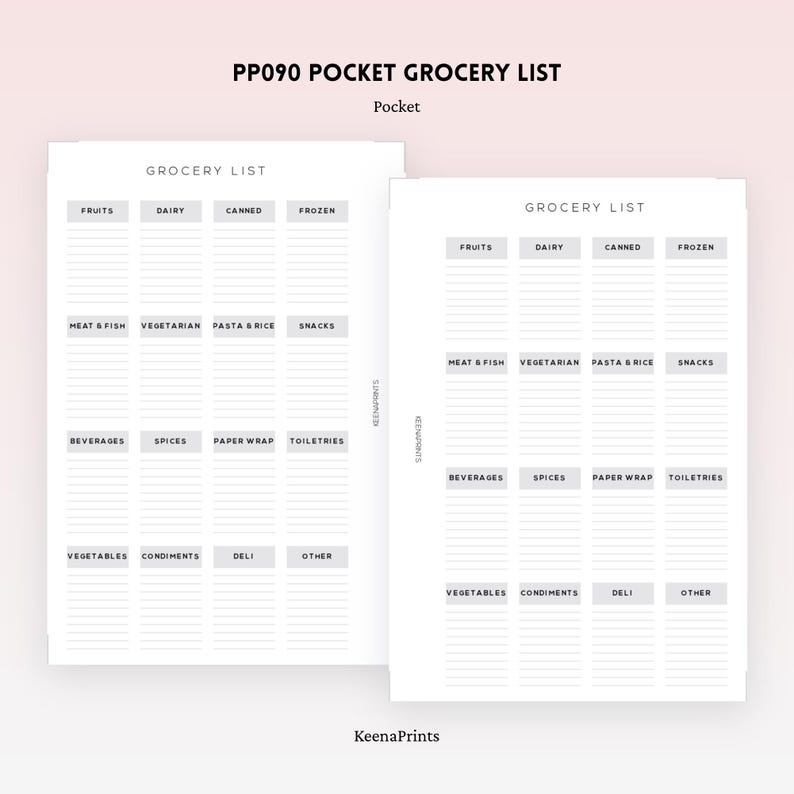 Peut inclure: Un insert de liste de courses de poche blanc avec le texte PP090 POCKET GROCERY LIST et KeenaPrints. La mise en page comprend des colonnes intitul&eacute;es Fruits, Dairy, Canned, Frozen, Meat & Fish, Vegetarian, Pasta & Rice, Snacks, Beverages, Spices, Paper Wrap, Toiletries, Vegetables, Condiments, Deli et Other.