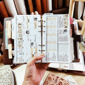 May include: A brown leather personal planner with a six-ring metal binder mechanism, open to a monthly calendar page and a habit tracker page. The planner includes a cream-colored pen, a white pen, and various decorative stickers with illustrations.