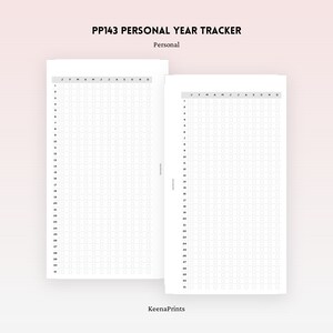 May include: A printable year tracker with a grid of squares for each month of the year. The months are labelled across the top and the days of the month are labelled down the side. The title of the printable is "PP143 Personal Year Tracker".
