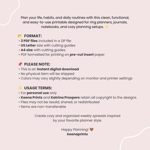 Peut inclure: Un document num&eacute;rique imprimable pour agenda sur fond rose clair avec du texte sombre. Il d&eacute;taille le format incluant 3 fichiers PDF, des tailles US Letter et A4 avec guides de coupe, les conditions d'utilisation personnelle et les droits d'auteur.