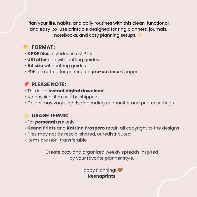 Peut inclure: Un document num&eacute;rique imprimable pour agenda sur fond rose clair avec du texte sombre. Il d&eacute;taille le format incluant 3 fichiers PDF, des tailles US Letter et A4 avec guides de coupe, les conditions d'utilisation personnelle et les droits d'auteur.