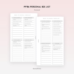 May include: Two white checklists labelled "Back to School Checklist" with sections including "Health & Safety," "School Paperwork," and "Clothing & Uniform." The checklists have bullet points for tasks. The text "PP186 PERSONAL B2S LIST" is at the top.