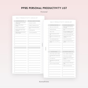 May include: A white personal productivity list with the text "PP185 PERSONAL PRODUCTIVITY LIST" at the top. The list is divided into sections for evening, morning, and afternoon routines, with space to track habits.
