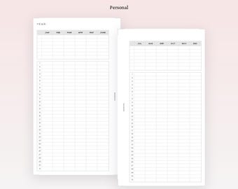 Può includere: Un inserto per agenda di monitoraggio annuale personale bianco con testo nero. Il layout presenta due pagine che mostrano i mesi da gennaio a giugno e da luglio a dicembre, con righe numerate per i giorni da 1 a 31. Testo: PP206 PERSONAL YEARLY TRACKER.