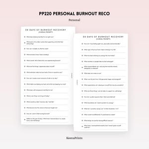 以下が含まれることがあります： 黒いテキストで「30 Days of Burnout Recovery Journal Prompts」と記された2枚の白い紙。各シートには、星のアイコンが付いた内省的な質問のリストが記載されており、回答を記入するための水平線で構成されています。