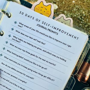 May include: A white journal page titled 30 Days of Self-Improvement Journal Prompts with a list of reflective questions. The page features two cat-shaped tab dividers in yellow and light green, and is held within a metal ring binder system.