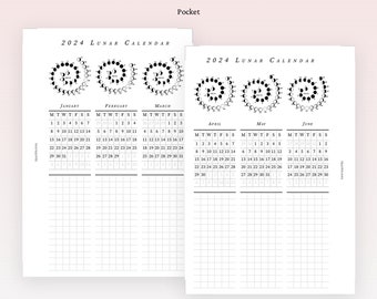 Pocket - PP161 | 2024 Lunar Moon Calendar in 4 pages Planner Printable - pocket rings