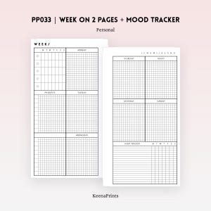 May include: Two-page planner insert with a week-on-two-pages layout and a mood tracker. The left page has sections for the week, priorities, and daily tasks. The right page includes a habit tracker and space for each day of the week.