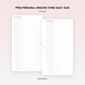 Puede incluir: Un planificador de tareas diario imprimible con un horario cronometrado. El planificador está dividido en dos columnas, cada una con una escala de tiempo numerada de 7 am a 6 pm. El planificador está etiquetado como "PP163 Personal Undated Timed Daily Task" y "Personal".