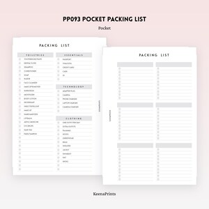 May include: A white pocket packing list planner insert with black text. The left page features categorized checklists for toiletries, essentials, technology, and clothing. The right page contains blank lined checklists. The text reads PP093 POCKET PACKING LIST.