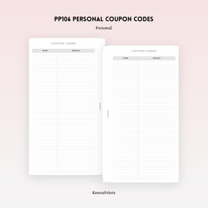 Puede incluir: Dos páginas de planificador blancas con el texto "PP106 PERSONAL COUPON CODES" y "Personal" en la parte superior. Cada página tiene una sección para "CODE" y "DETAILS". La parte inferior de la imagen tiene el texto "KeenaPrints".