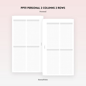 May include: Two blank printable pages for a personal planner. Each page is divided into two columns and two rows, with a grid pattern. The title "PP111 PERSONAL 2 COLUMNS 2 ROWS" is at the top of the page, and the word "Personal" is below it.