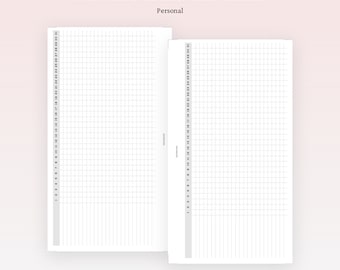 May include: A white personal daily habit tracker insert with a grid layout and a vertical column numbered 1 through 31. The text PP109 PERSONAL DAILY HABIT TRACKER, Personal, and KeenaPrints are printed on the page. The design features thin lines.