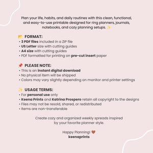 May include: A digital printable planner insert document on a light pink background. Text details include format specifications for US Letter and A4 sizes, usage terms for personal use, and copyright information for Keena Prints and Katrina Prospero.
