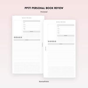 Op de afbeelding: Een printbare boekrecensie sjabloon met twee pagina's. Elke pagina heeft een sectie voor de titel, auteur, genre, aantal pagina's, samenvatting en recensie. Er zijn vijf sterren om het boek te beoordelen.