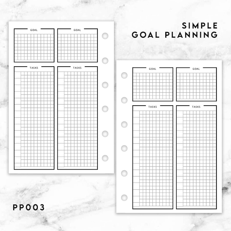 May include: Two white planner pages with black grid lines and the text SIMPLE GOAL PLANNING and PP003. Each page features two sections labeled GOAL and two sections labeled TASKS, with six circular punch holes along the side for binder insertion.