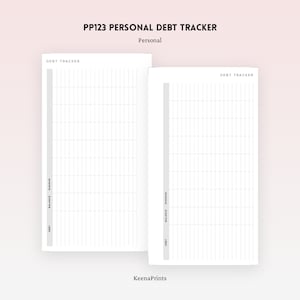 Op de afbeelding: Twee lege, afdrukbare pagina's voor het bijhouden van schulden met de titel "PP123 PERSONAL DEBT TRACKER" en "Persoonlijk" bovenaan. De pagina's zijn verdeeld in kolommen met de labels "SCHULD", "BALANS" en "MINIMUM".