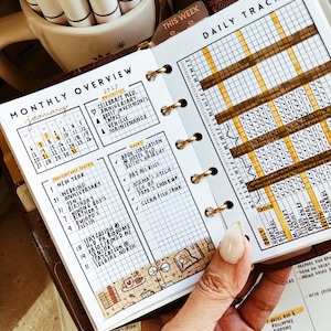 Op de afbeelding: Een persoonlijke planner open op een pagina getiteld Monthly Overview voor januari 2025, met een kalender, een prioriteitenlijst, een takenlijst en een dagelijks tracker-raster met geel gemarkeerde kolommen en decoratieve washi-tape met kleine illustraties.