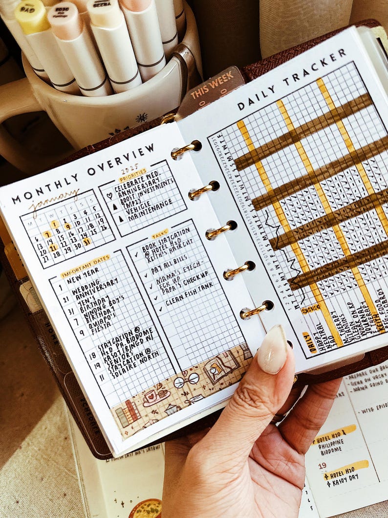 Op de afbeelding: Een persoonlijke planner open op een pagina getiteld Monthly Overview voor januari 2025, met een kalender, een prioriteitenlijst, een takenlijst en een dagelijks tracker-raster met geel gemarkeerde kolommen en decoratieve washi-tape met kleine illustraties.