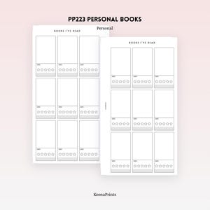 Könnte beinhalten: Zwei weiße Planereinlagen mit der Aufschrift PP223 PERSONAL BOOKS und Personal. Jede Seite enthält ein Raster aus neun rechteckigen Feldern mit der Überschrift BOOKS I'VE READ, Platz für ein Datum und fünf leere Sterne zur Bewertung.