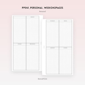 May include: Two-page planner inserts with a grid layout for weekly scheduling. Each page is divided into four sections, with days of the week labeled. The top of the image reads "PP041_PERSONAL_WEEKON2PAGES" and "Personal". The bottom of the image reads "KeenaPrints".