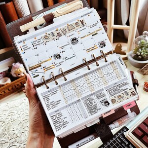 May include: A brown leather six-ring planner featuring a June 2025 calendar insert with handwritten notes, decorative stickers, and a daily habit tracker. A cream-colored pen is tucked into the top, and a white pen rests at the bottom.