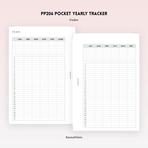 May include: A white pocket yearly tracker with the text "PP206 POCKET YEARLY TRACKER" and "Pocket". The tracker includes sections for each month and numbered days. The text "KeenaPrints" is at the bottom.